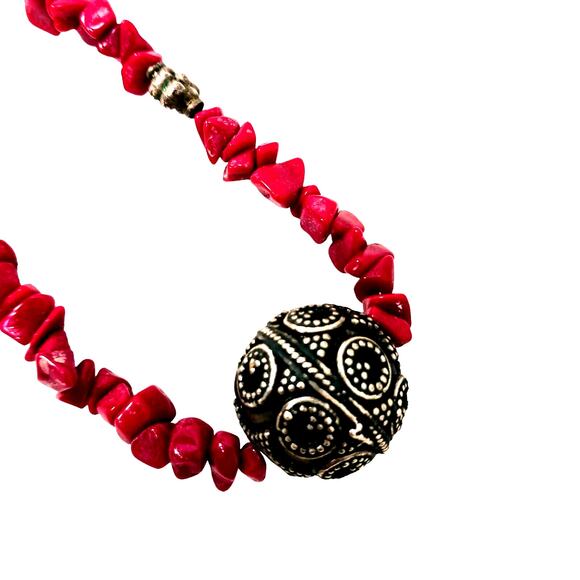 Vntg Red CORAL Necklace 17" STERLING SILVER Beads Asian Art Deco Modern Preppy - Picture 5 of 16